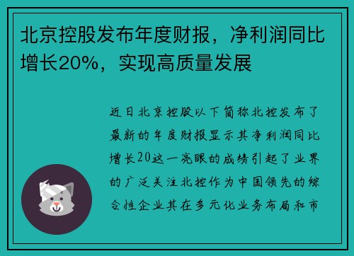 北京控股发布年度财报,净利润同比增长20%,实现高质量发展