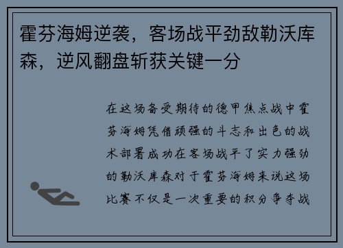 霍芬海姆逆袭,客场战平劲敌勒沃库森,逆风翻盘斩获关键一分